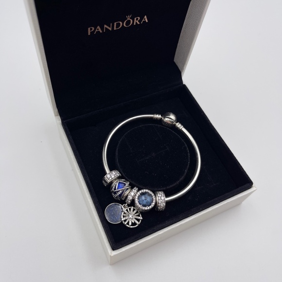 Pandora silver bracelet with 5 Dazzling Wishes Blue Charm Retired Authentic - Picture 1 of 8